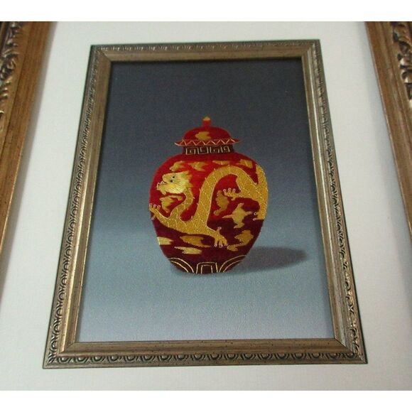 Framed Chinese Silk Embroidered Dragon Jar w Lid Beautifully Stitched Red & Gold - Picture 3 of 7